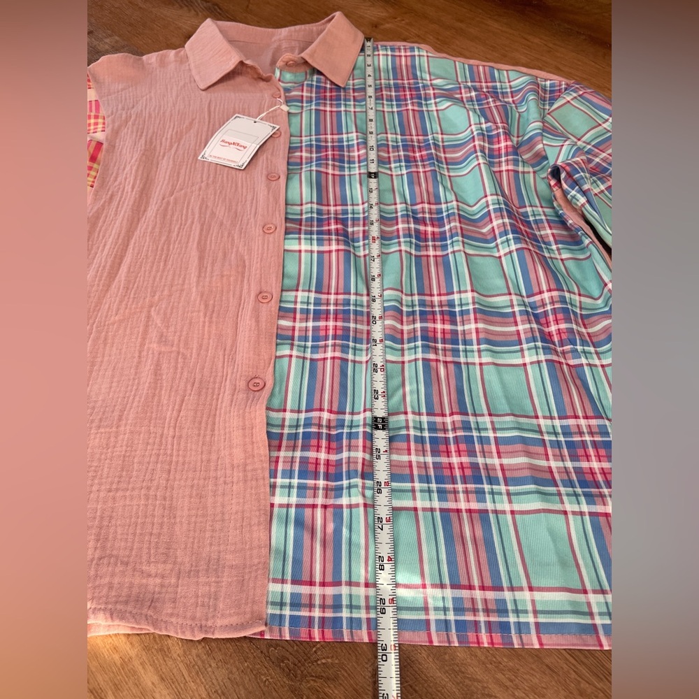 Plaid Patchwork Button Down Blouse Size Medium Pi… - image 8